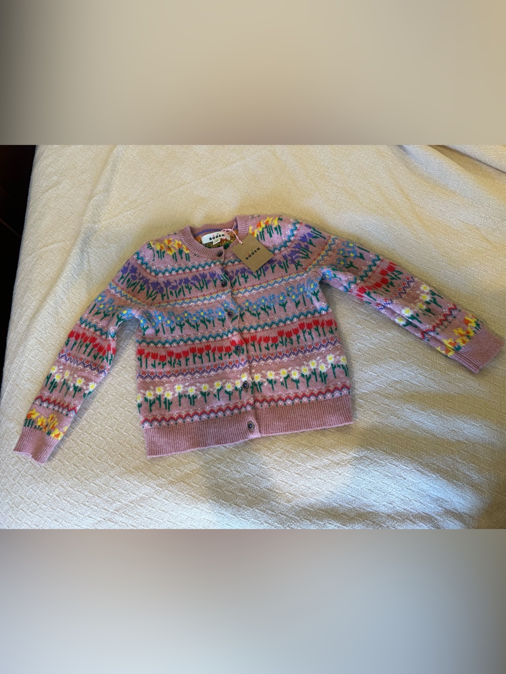 Mini Boden Olivia Merino Cardigan Sweater in Rainbow Floral Intarsia Pink NWT